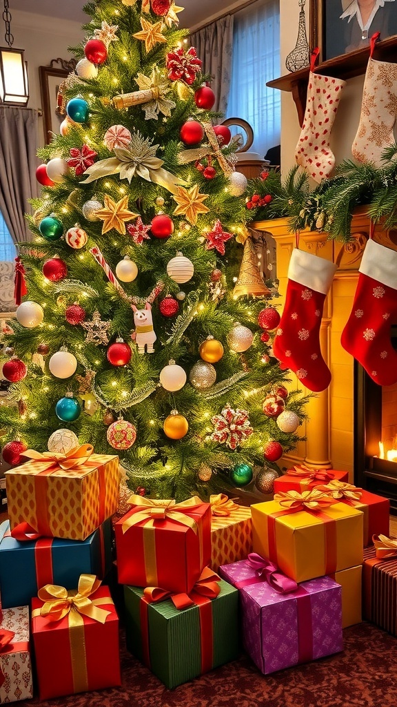 Christmas Wishlist Ideas for Girls A decorated Christmas tree with colorful gifts and stockings by a fireplace.